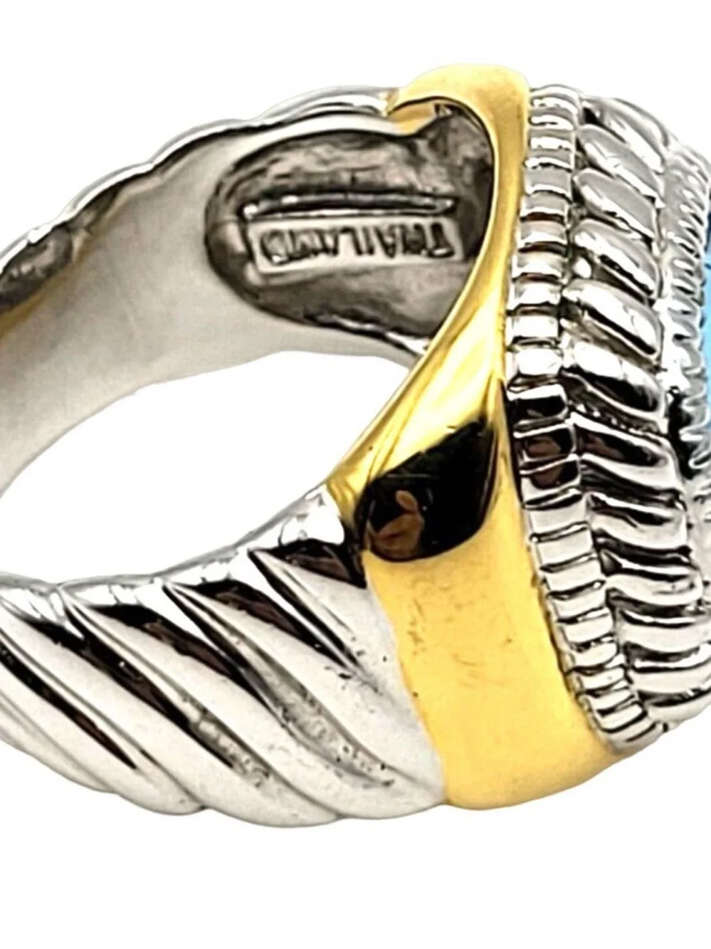 Vintage Joan Rivers ring Gold & Silver Tones Faux Blue Topaz Twisted Design